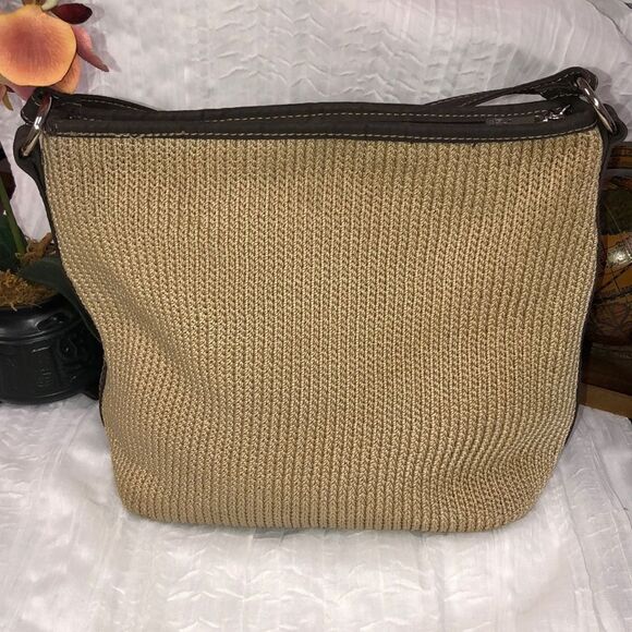 lina Woven Knit Macrame Thread Vinyl Combo Hobo Tan Brown Shoulder Bag - Picture 2 of 15